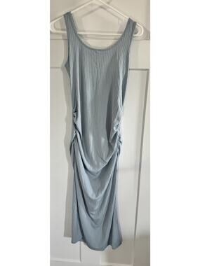 Women’s Blue Ribbed Ruched Tank Midi Dress Size Small Stretch Sleeveless Bodycon